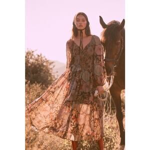 Promesa Midnight Size Small Ribbed Floral Smocked Button Peasant Maxi Dress